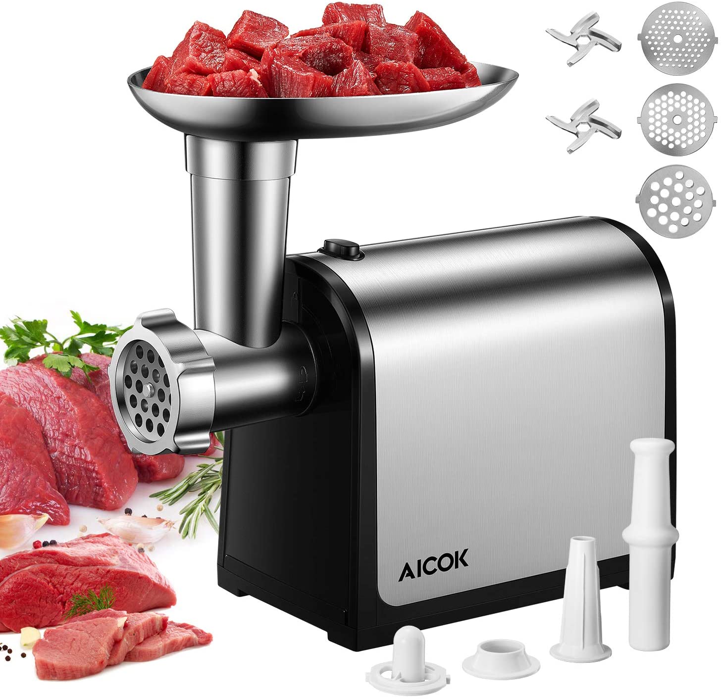3-IN-1 AICOK Meat Grinder Electric 2000W Max 3 Grinding Plates /& 2 Blades,